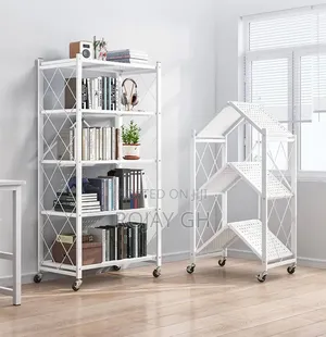 5-Tier Heavy Foldable Storage/Kitchen Duty Rack With Wheels - White