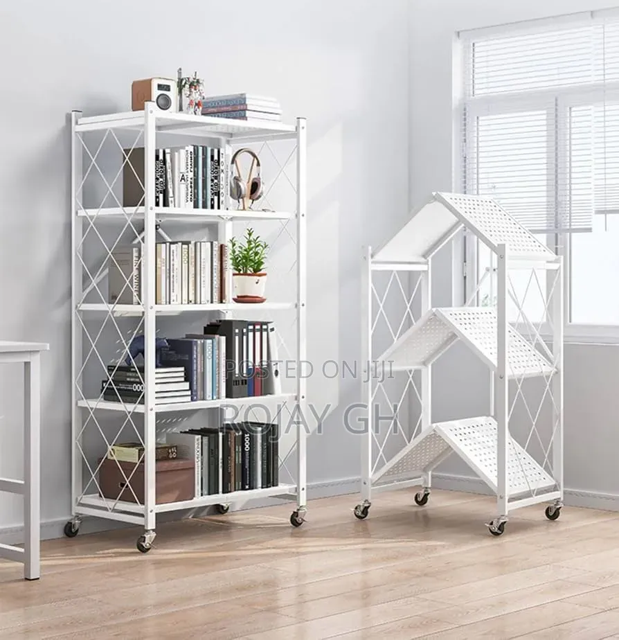 5-Tier Heavy Foldable Storage/Kitchen Duty Rack With Wheels - White