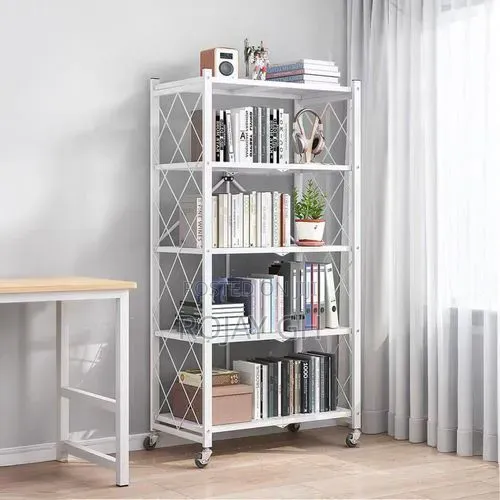 5-Tier Heavy Foldable Storage/Kitchen Duty Rack With Wheels - White