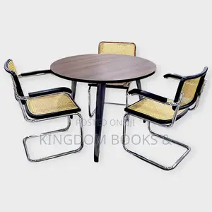 Modern Round Conference Table With 4 Matching Cane Chrome Chairs Set
