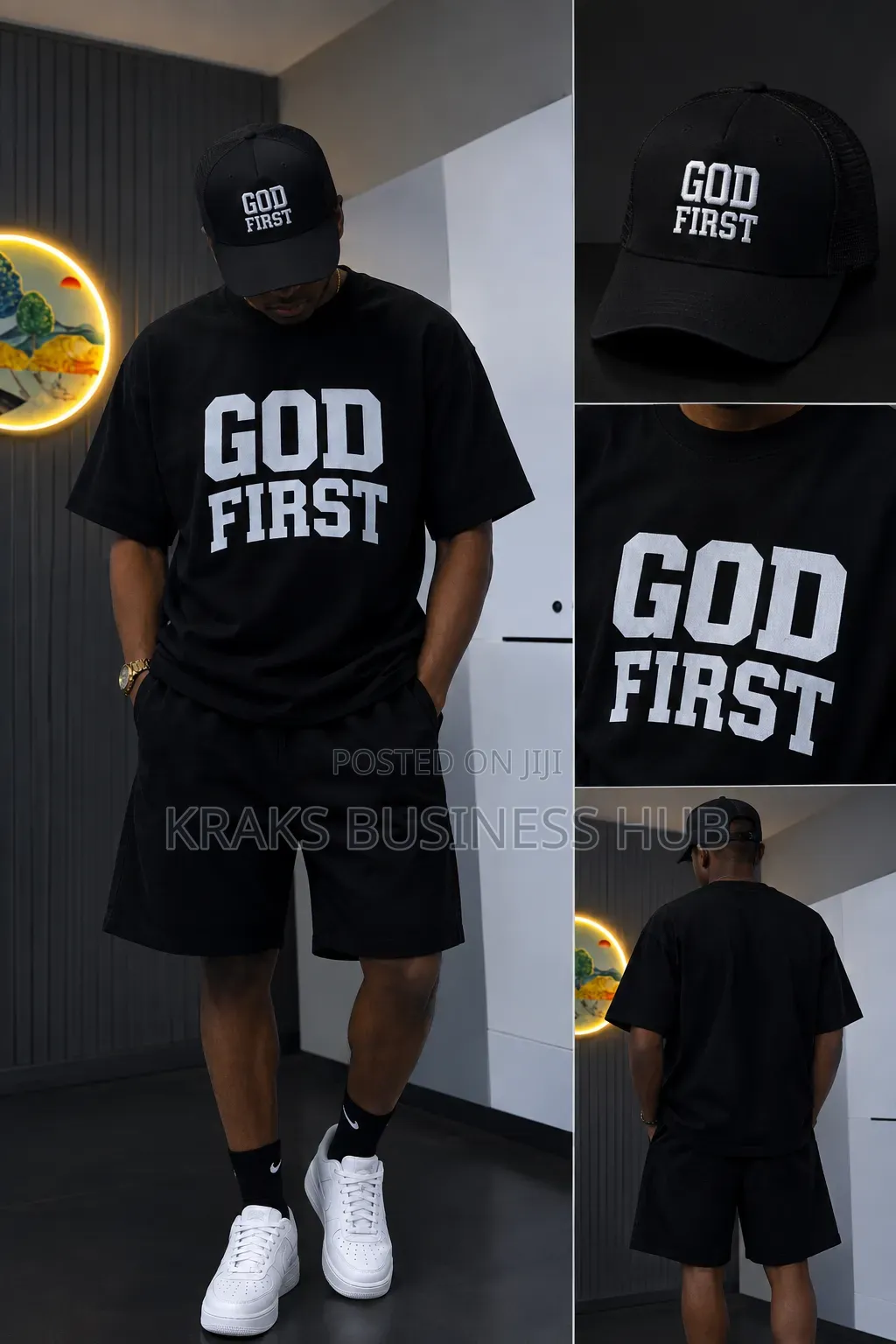 GOD FIRST" T-Shirt Matching Cap Set (Size L)