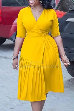 Yellow Pleated Wrap Flare Midi Dress