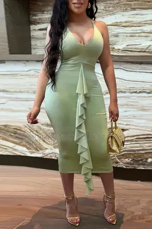 Women's Light Yellow v-Neck Ruffle Front Midi Dress