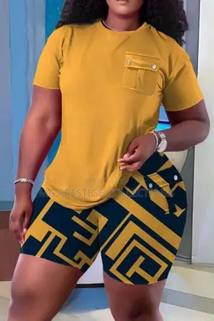 Piece Short Set - Yellow Pocket T-Shirt Geometric Print Shorts