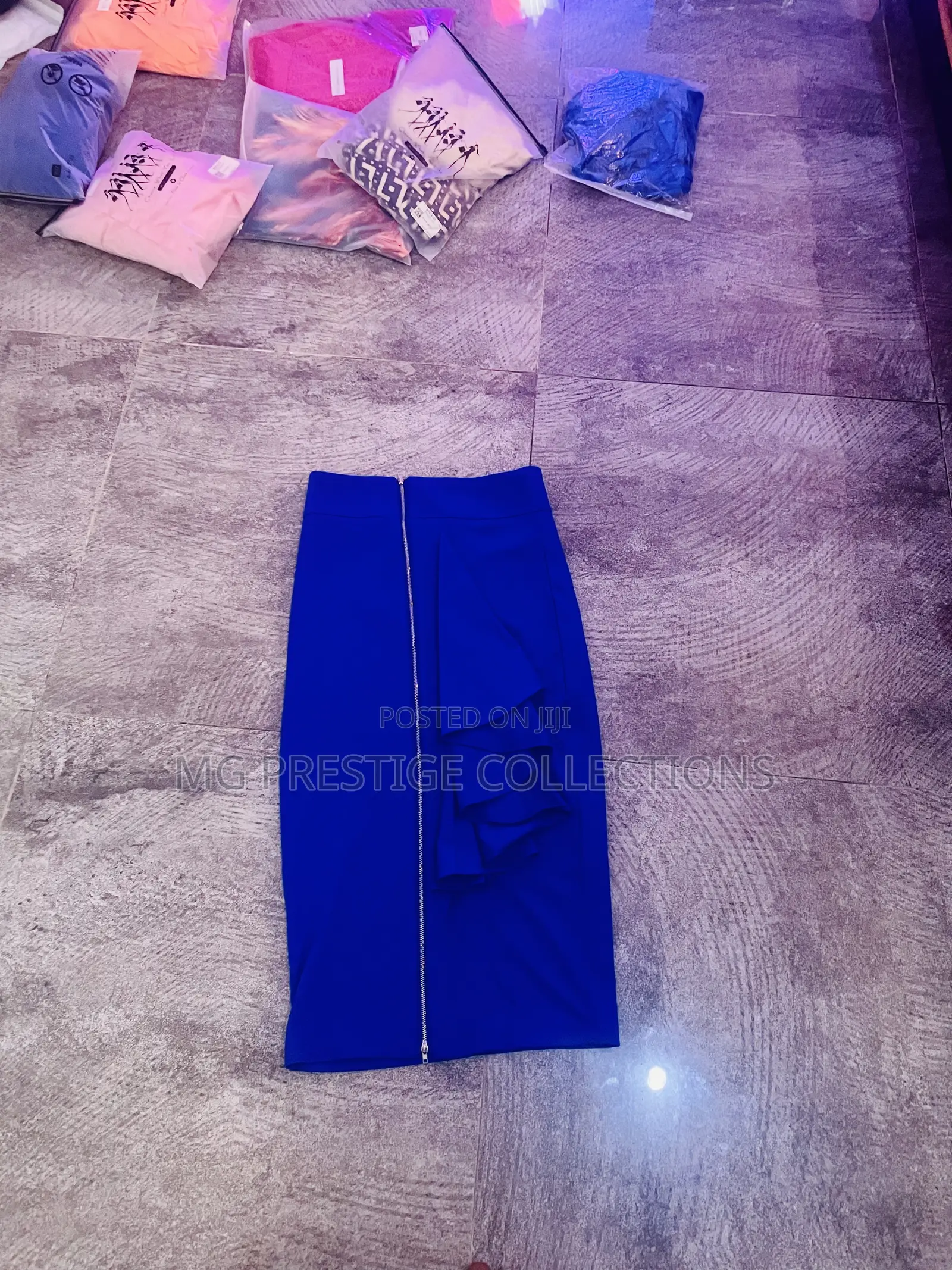 Stylish Royal Blue High-Waist Pencil Skirt With Front Ruffle Zip