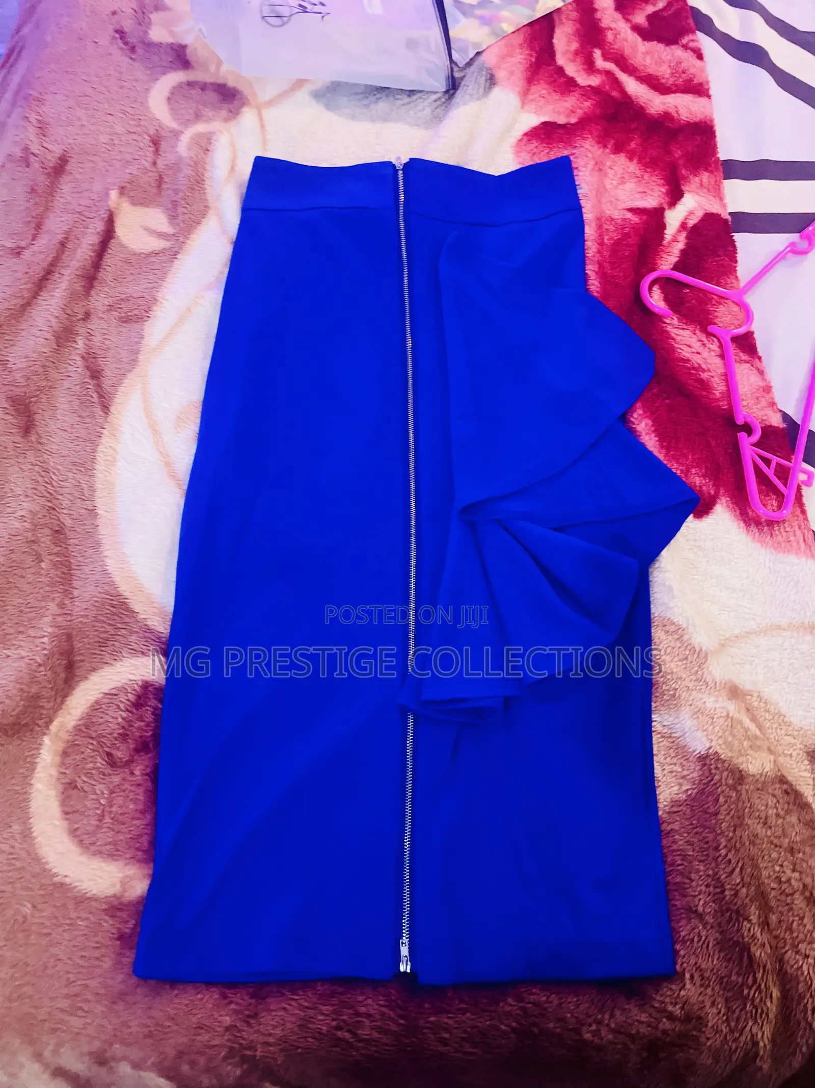 Stylish Royal Blue High-Waist Pencil Skirt With Front Ruffle Zip