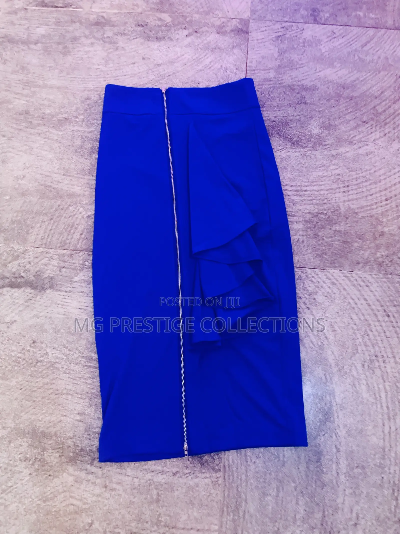 Stylish Royal Blue High-Waist Pencil Skirt With Front Ruffle Zip