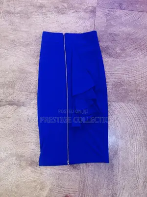 Stylish Royal Blue High-Waist Pencil Skirt With Front Ruffle Zip