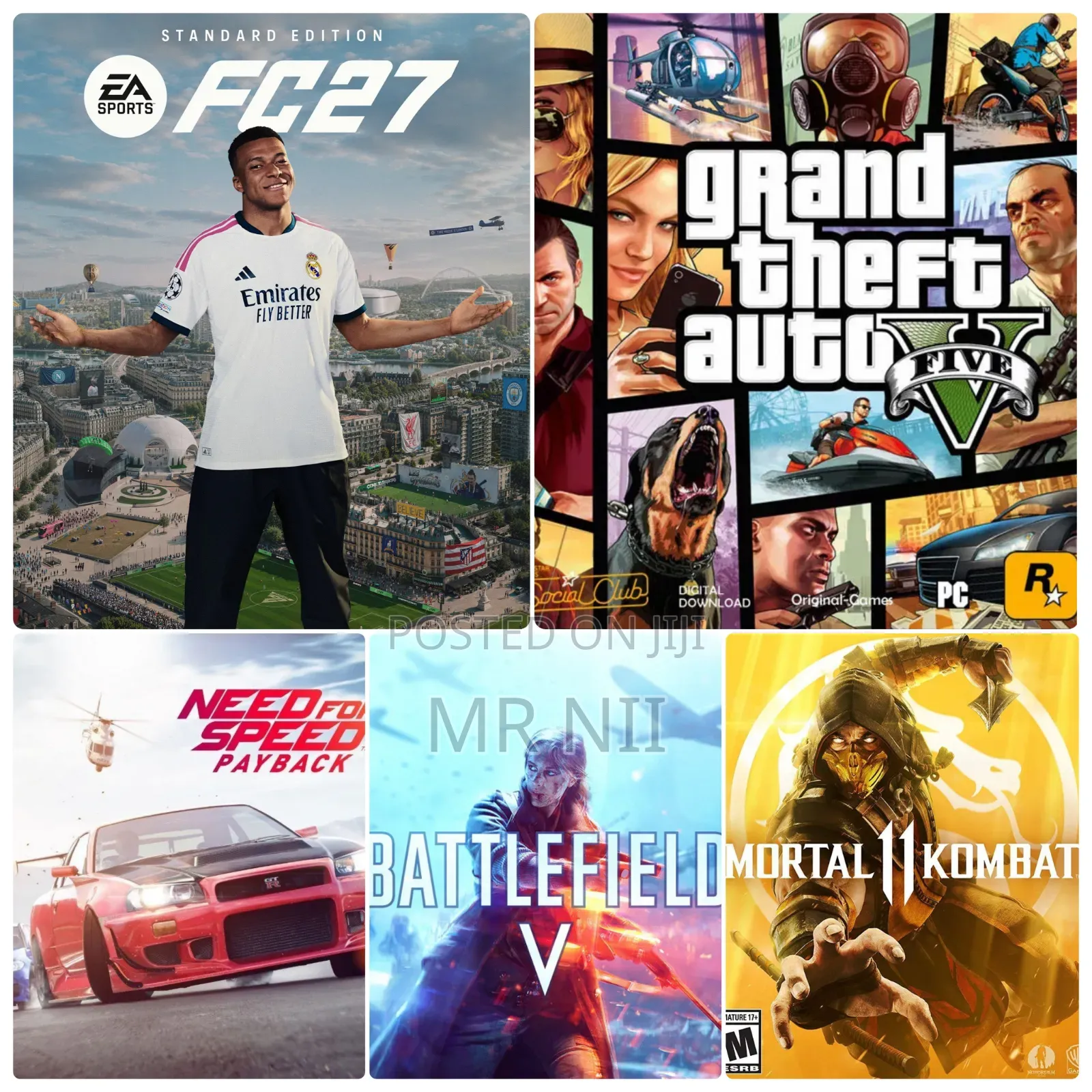 (NOT CD) Fc 27 + Gta v + Bf v + NFS Payback + Mk 11 (Xbox PS)