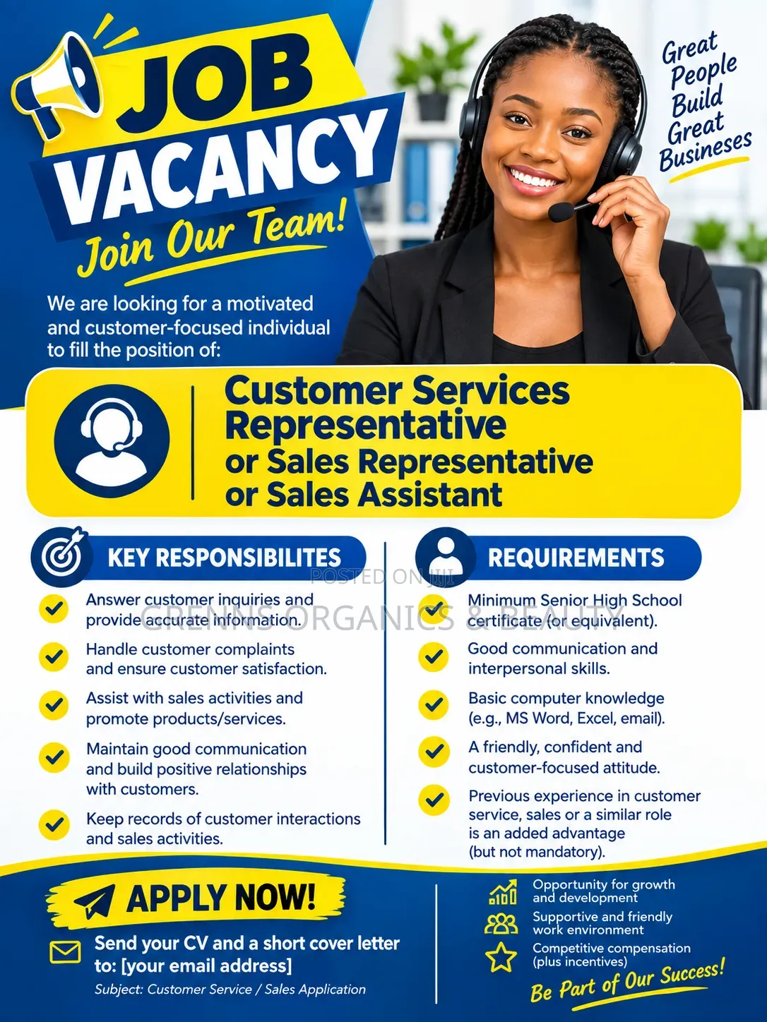 Customer Service , Sales Assistant or Sales Representative