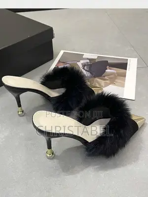 Ladies Black Pointed Toe Fur Mules Shoes