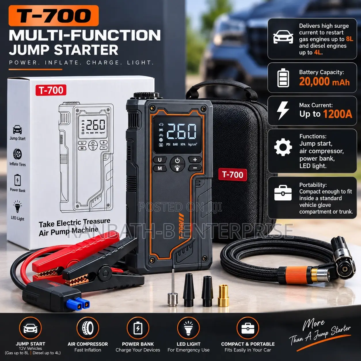 T-700 Jump Starter Tyre Inflator – 20,000mAh.