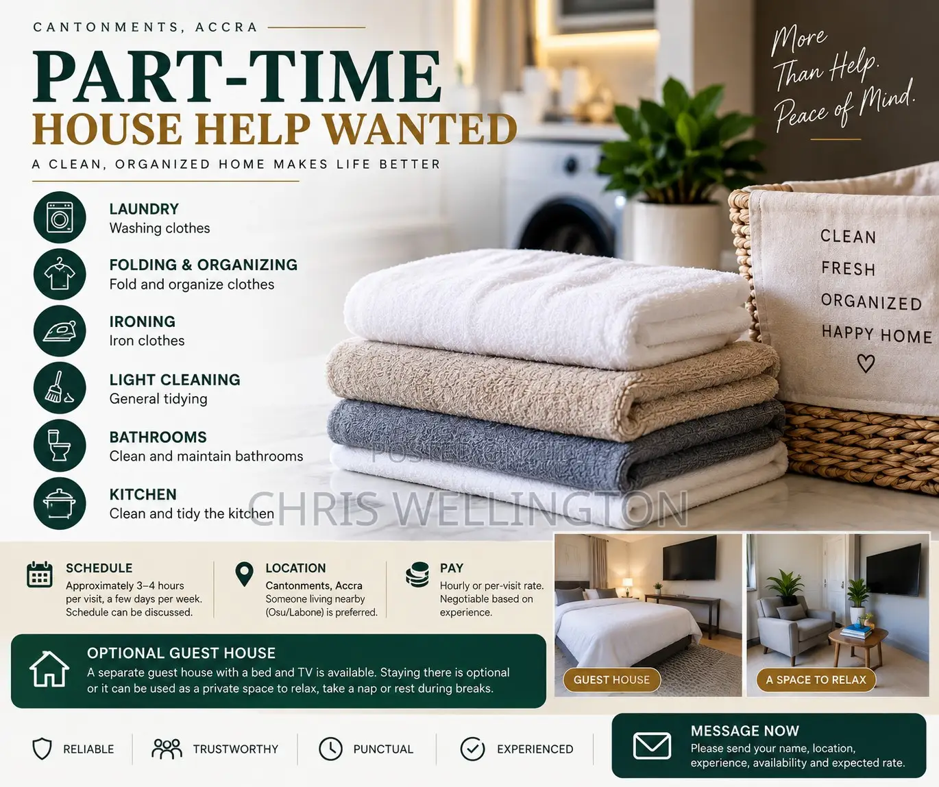Part-Time House Help Wanted – Cantonments, Accra