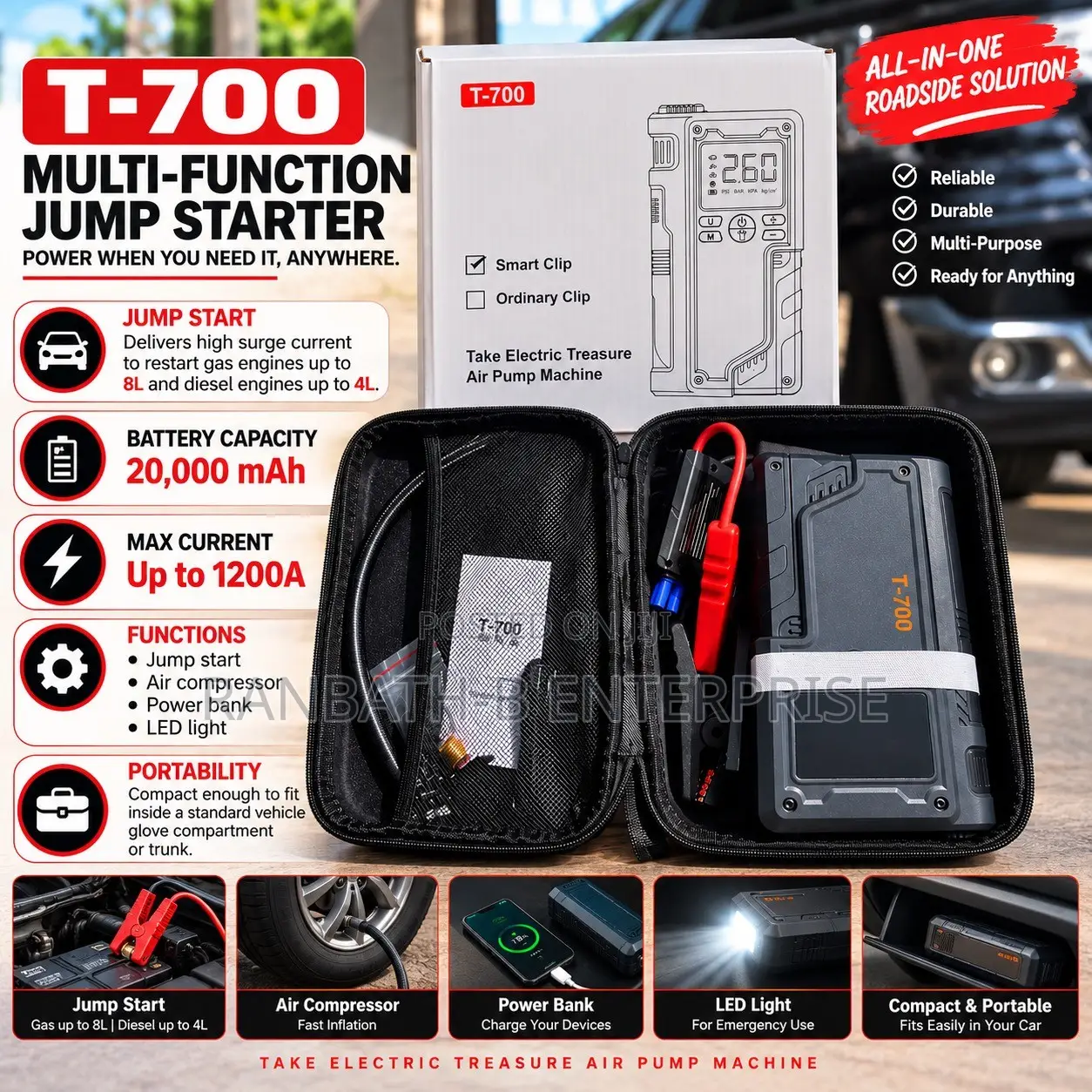 20,000mAh. 1200A. T-700 Multi-Function Car Power Air Pump
