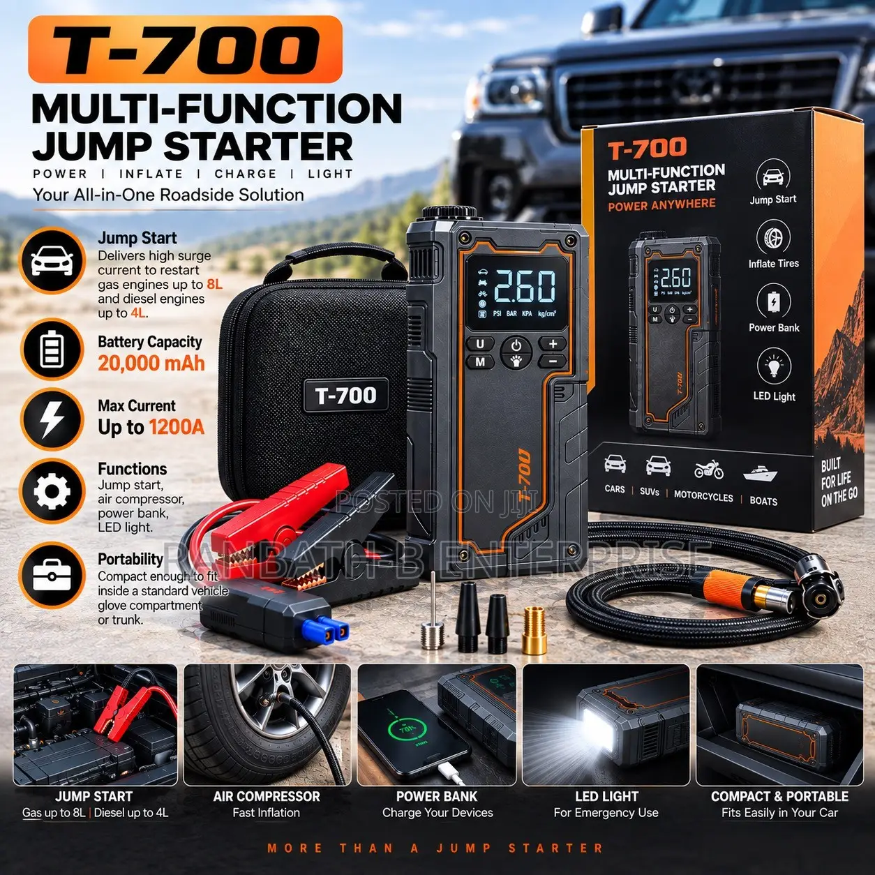 20,000mAh. 1200A. T-700 Multi-Function Car Power Air Pump