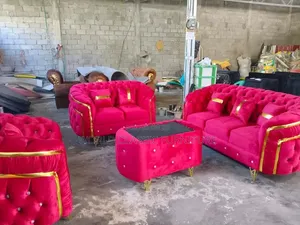 Luxury Royal Tufted Velvet Sofa Set – Red/Burgundy With Gold Trim