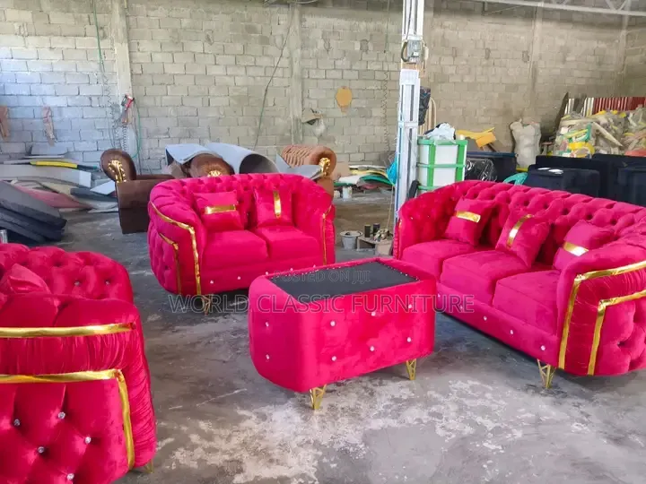 Luxury Royal Tufted Velvet Sofa Set – Red/Burgundy With Gold Trim