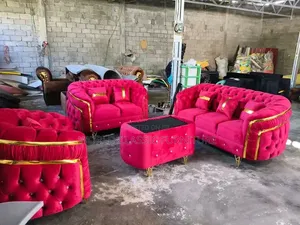 Luxury Royal Tufted Velvet Sofa Set – Red/Burgundy With Gold Trim