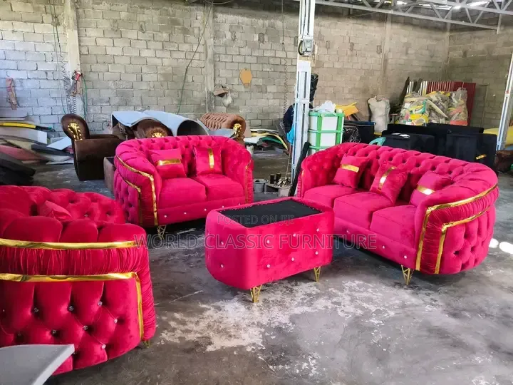 Luxury Royal Tufted Velvet Sofa Set – Red/Burgundy With Gold Trim