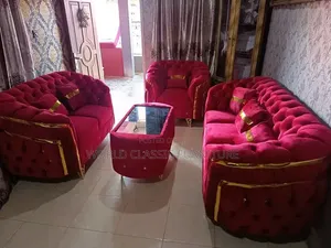 Luxury Royal Tufted Velvet Sofa Set – Red/Burgundy With Gold Trim