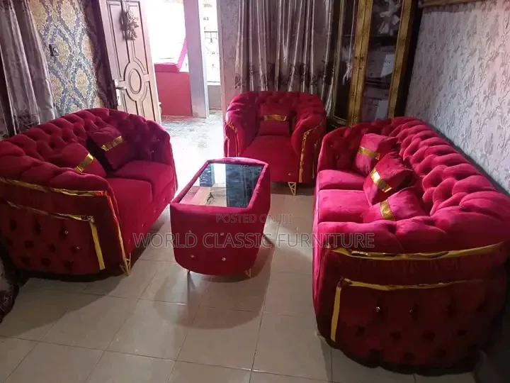 Luxury Royal Tufted Velvet Sofa Set – Red/Burgundy With Gold Trim