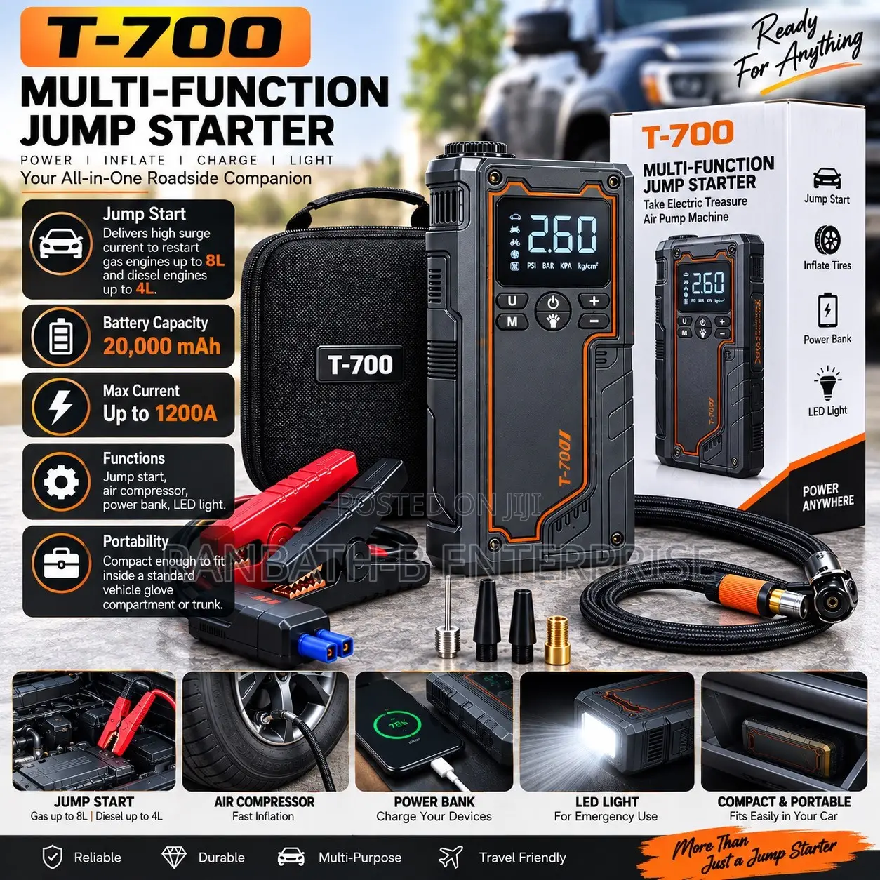 Jump. Inflate. Charge. Illuminate. T-700 Multi-Function Jump Starter