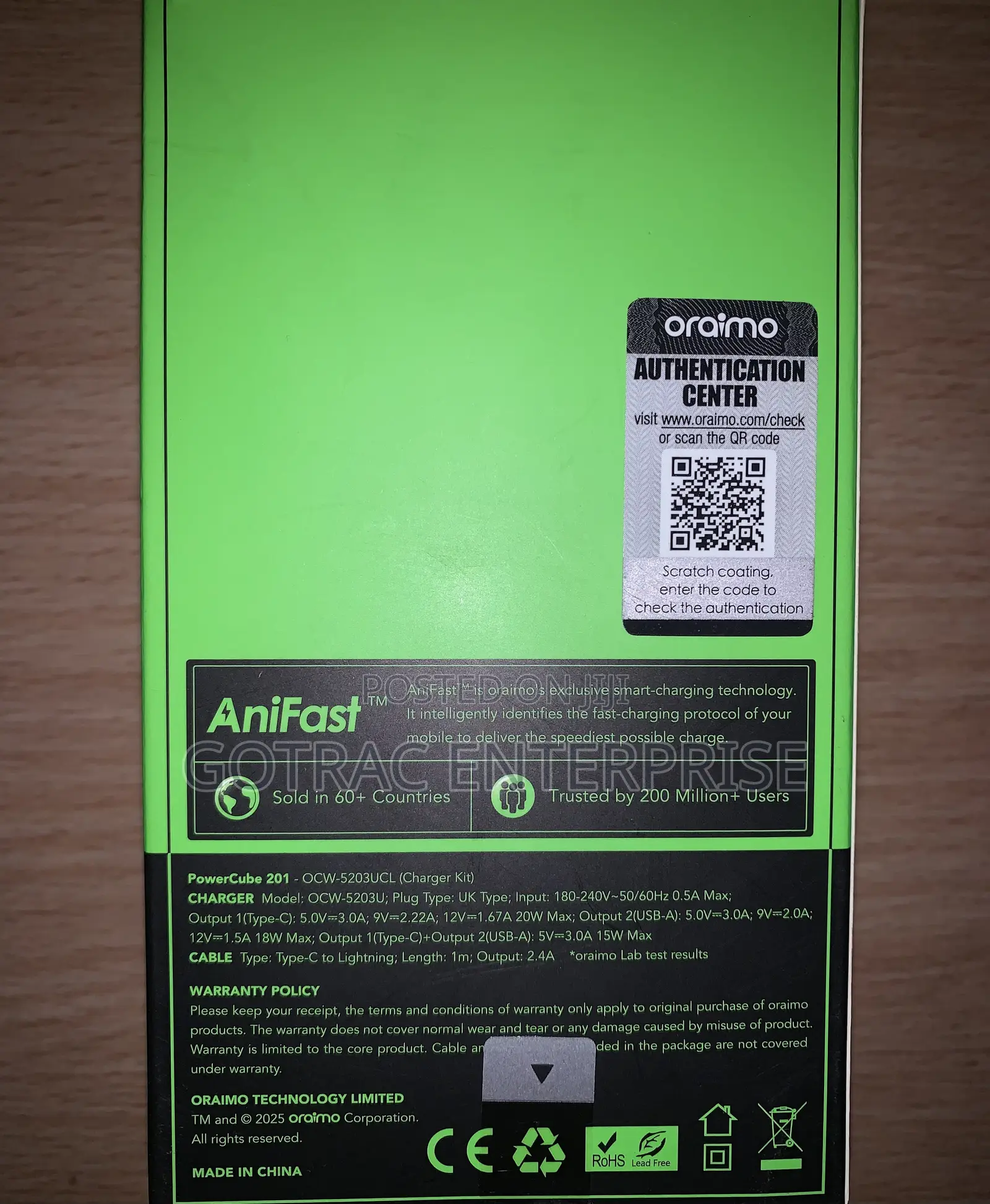 Oraimo 20W Rapid Charger (Type C to Lightning Cable + Charger Head)