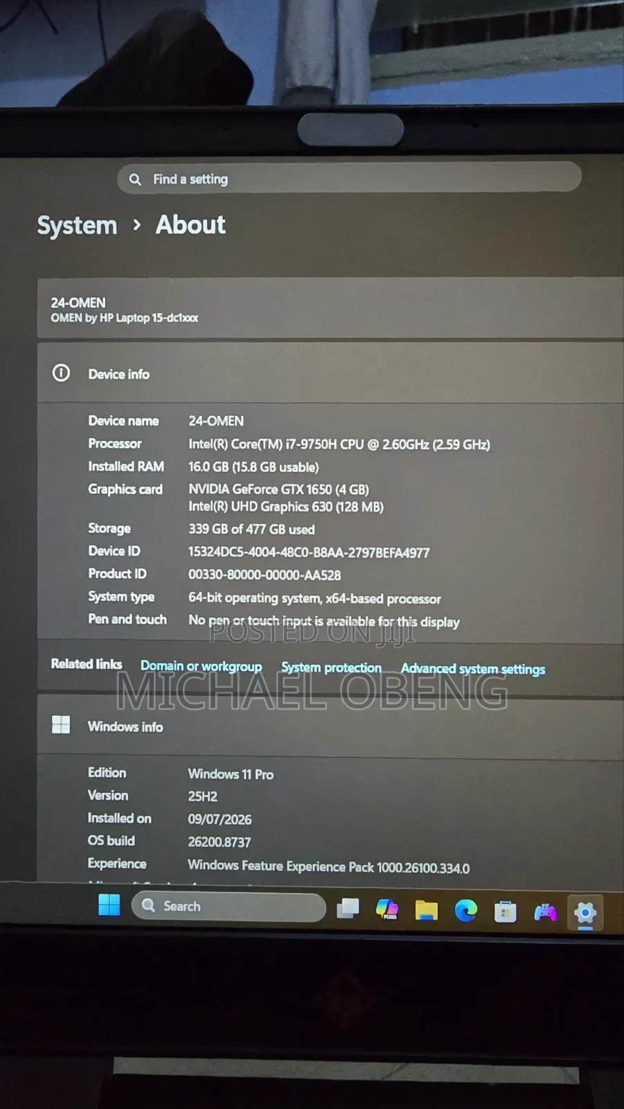 Laptop HP Omen 15-dh002nr 16GB Intel Core i7 SSD 512GB