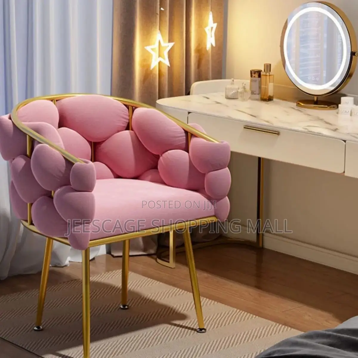 Cream Puffy Boucle Accent Armchair With Gold Legs