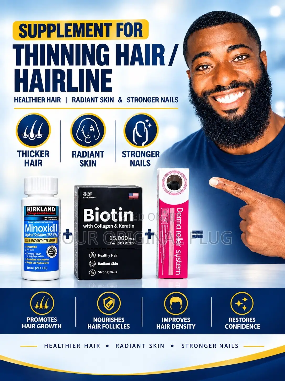 Kirkland Minoxidil Extra Stren+Derma Roller+Biotin, Collagen Keratin