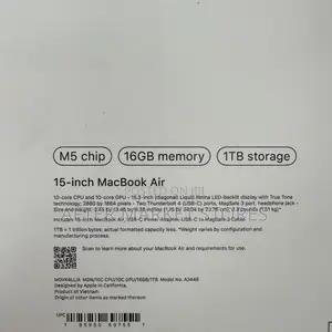 New Laptop Apple MacBook Air 2026 M5 16GB Apple M5 SSD 1T