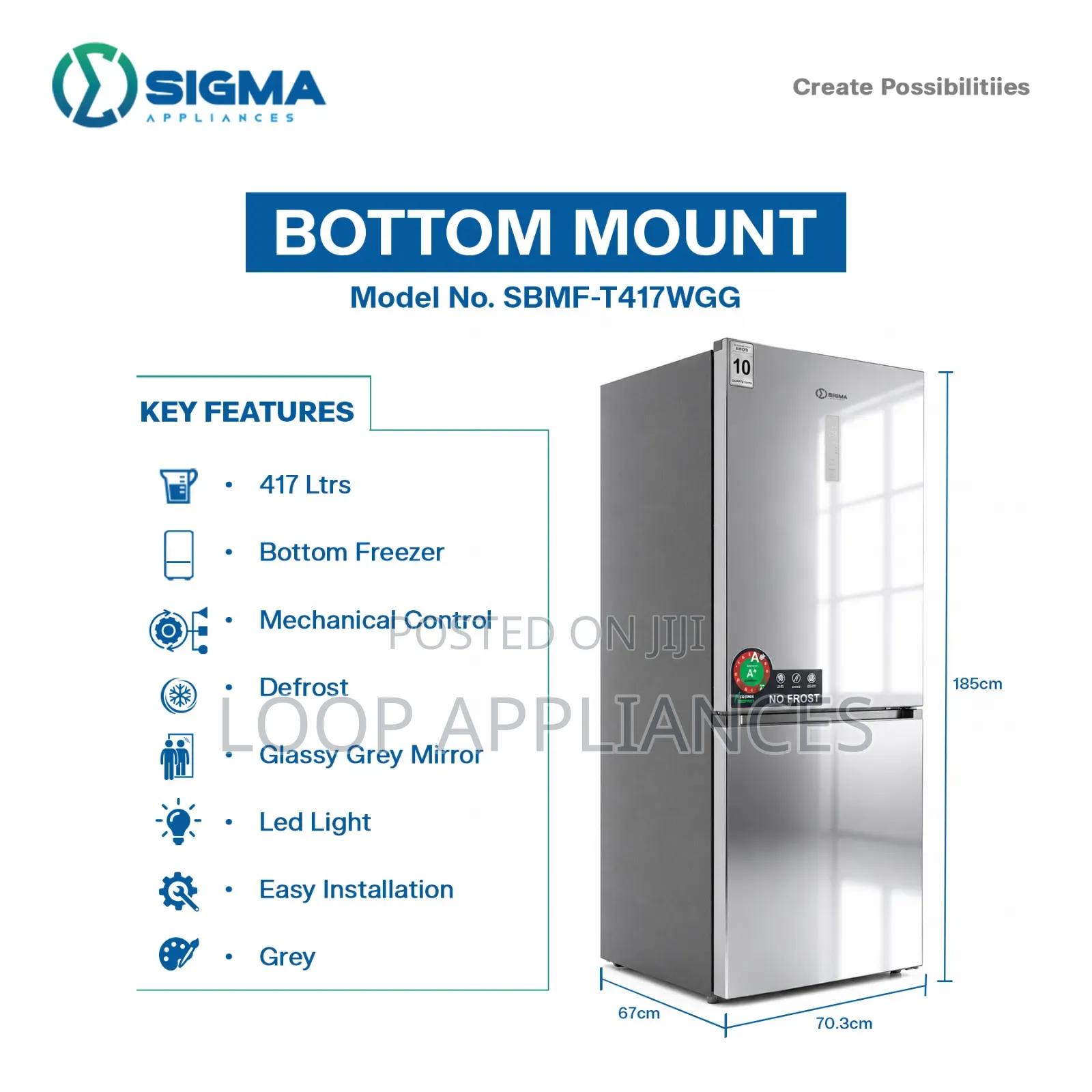 Sigma 417 Litres Bottom Freezer SBMF-T417WGG Refrigerator