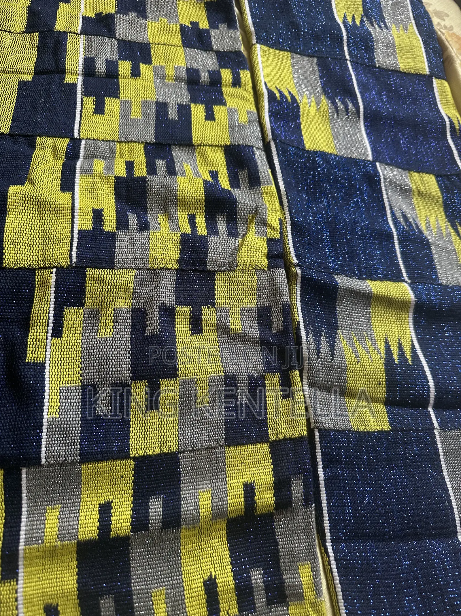 Rayon Kente . Affordable Luxury in Blueback , Yellow and Grey. 4 Yards