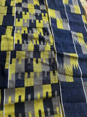 Rayon Kente . Affordable Luxury in Blueback , Yellow and Grey. 4 Yards