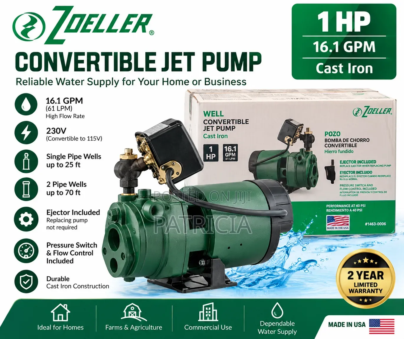 Zoeller 1HP Convertible Jet Water Pump – 16.1 GPM, New