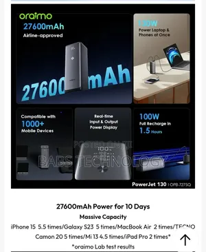 Oraimo PowerJet 130 — 27,600mAh | 130W Ultra-Fast