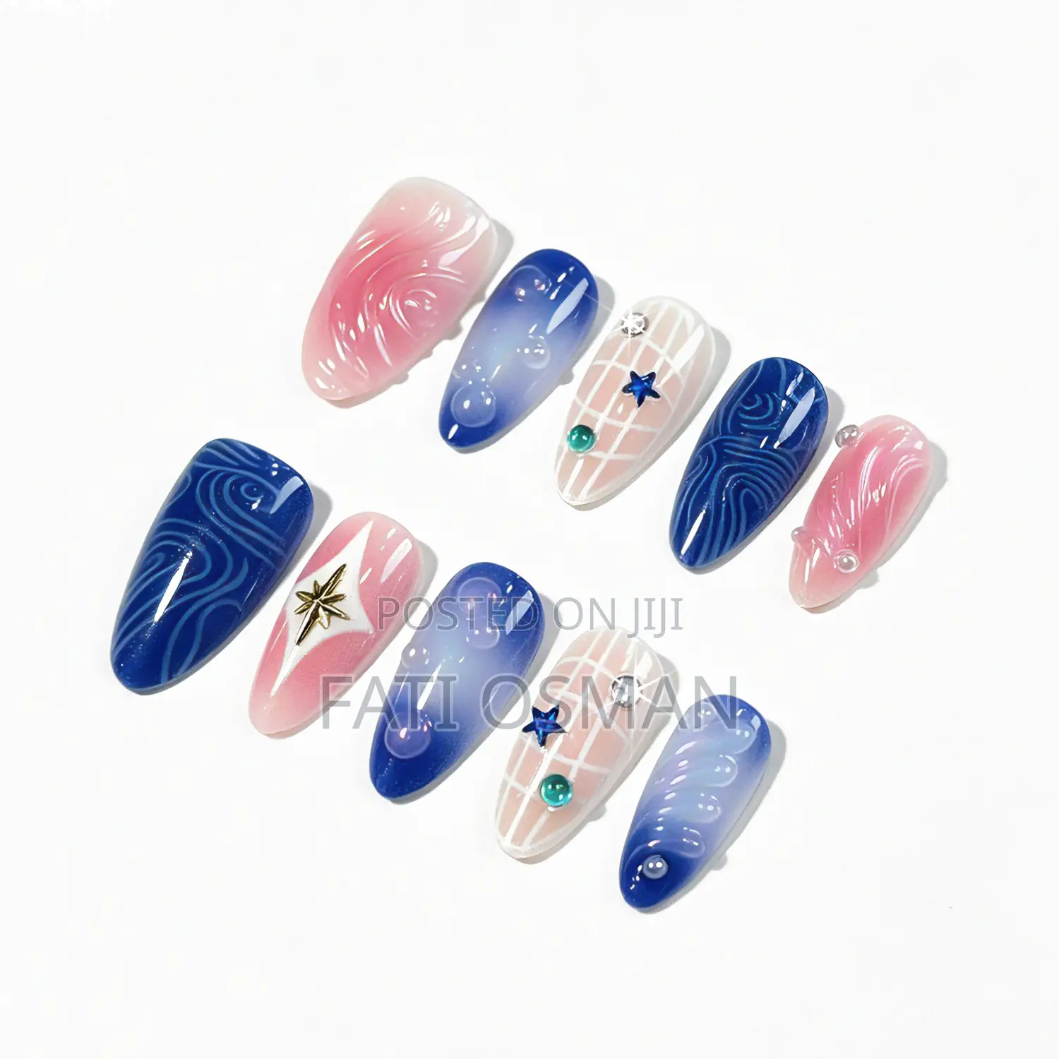 10Pcs Almond Glossy Summer Ocean Bubble Press on Nails