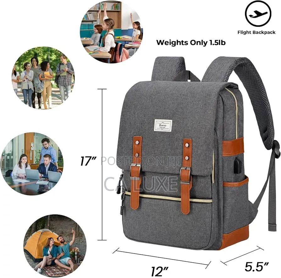Black Vintage-Style Canvas Laptop Backpack With Brown Leather