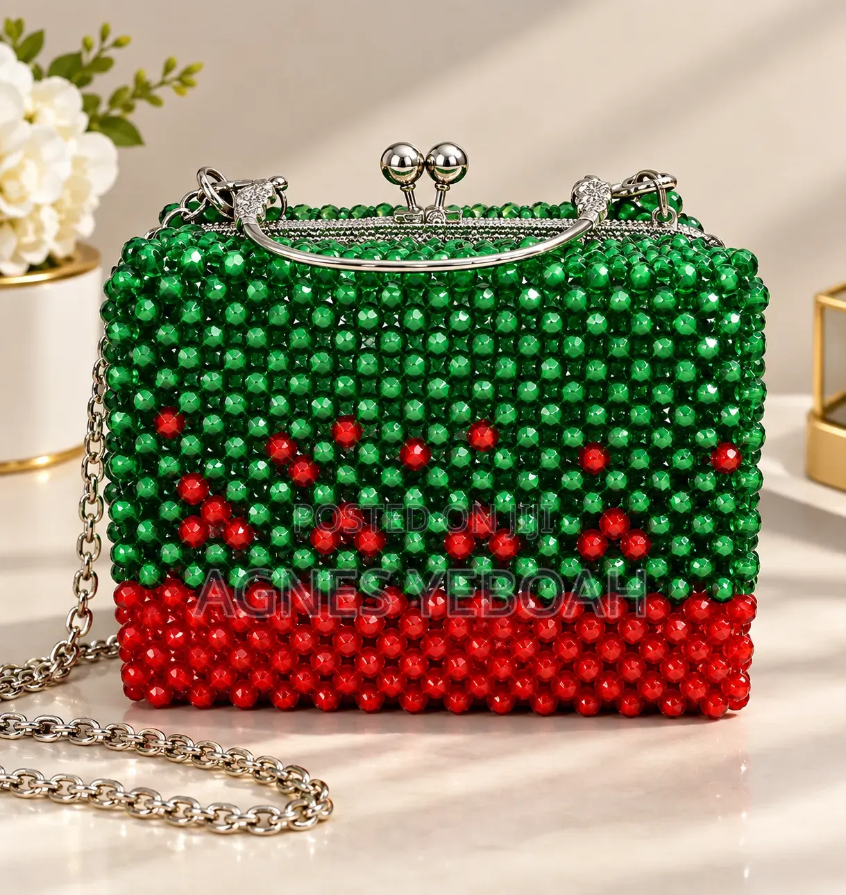 Handmade Green Red Beaded Clutch Bag