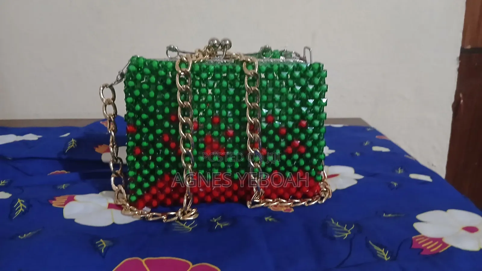 Handmade Green Red Beaded Clutch Bag