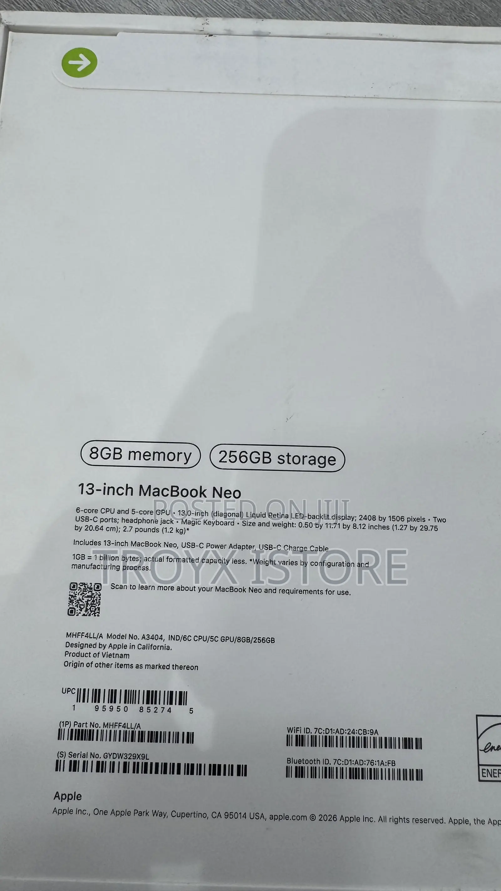 New Laptop Apple MacBook Neo 2026 8GB SSD 256GB