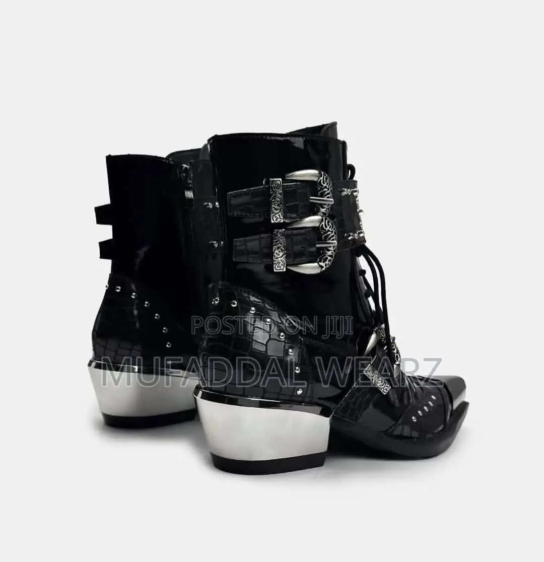 Black Leather Gothic Western Ankle Boots