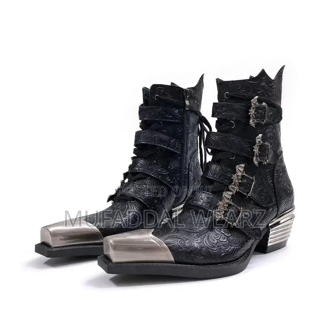 Black Leather Gothic Western Ankle Boots