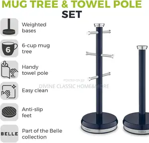 Tower Belle Mug Tree and Towel Pole Set,Stainless Steel, Midnight Blue