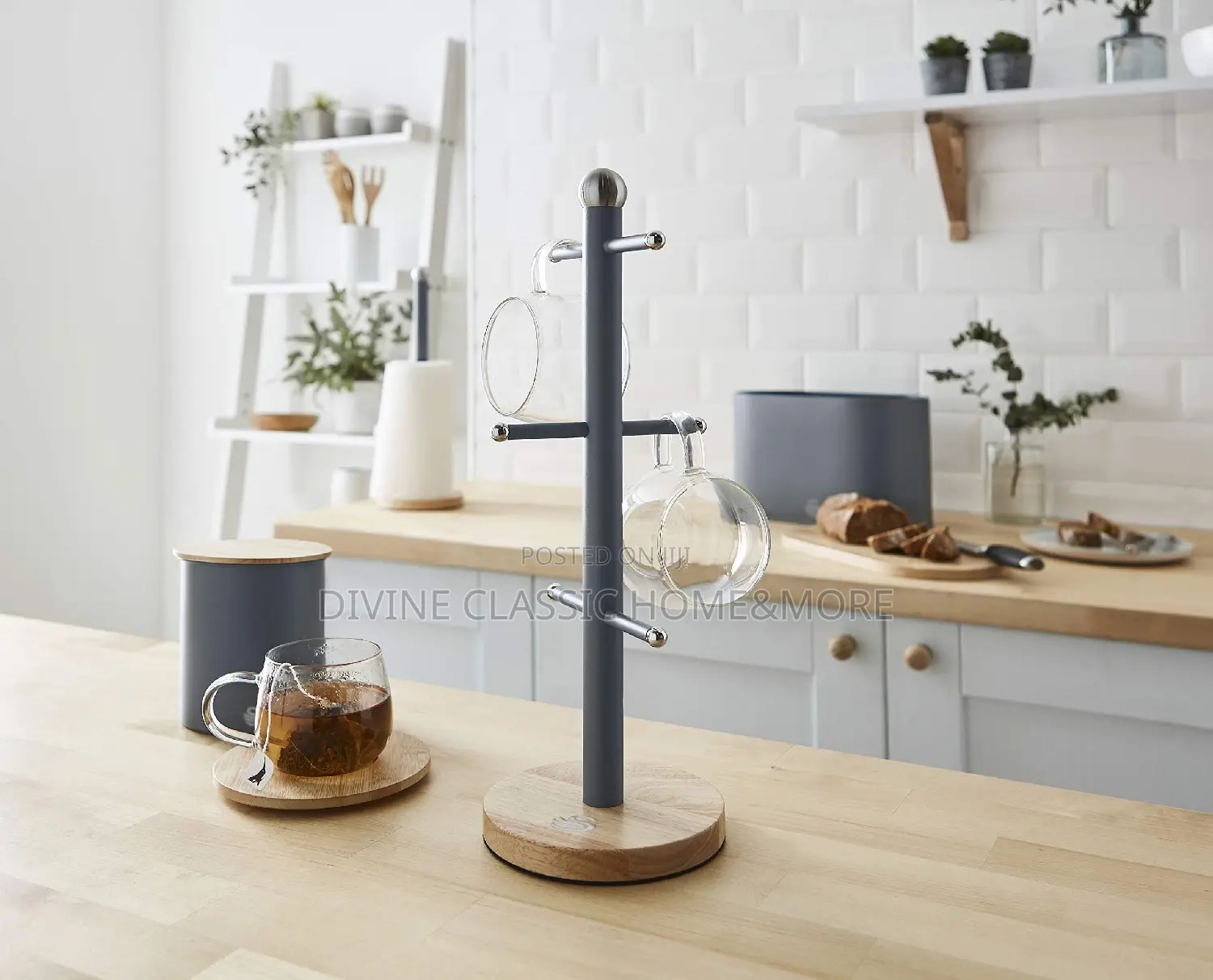 Swan Nordic Kitchen 6 Mug Tree With Bamboo Base, Slate Grey