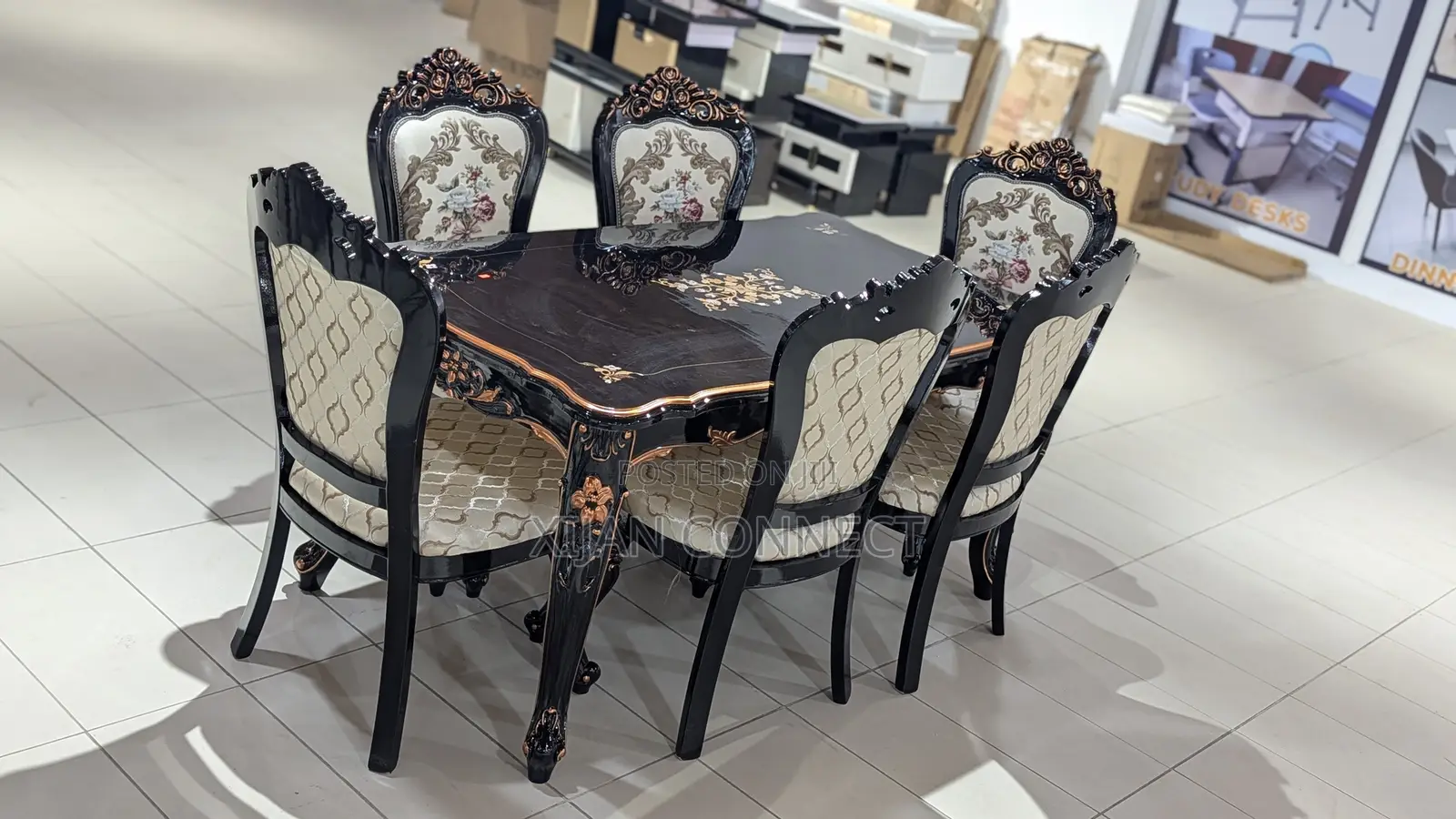 Classic 6-Seater Dining Table Set – Carved Wood Upholstered Chairs