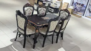 Classic 6-Seater Dining Table Set – Carved Wood Upholstered Chairs
