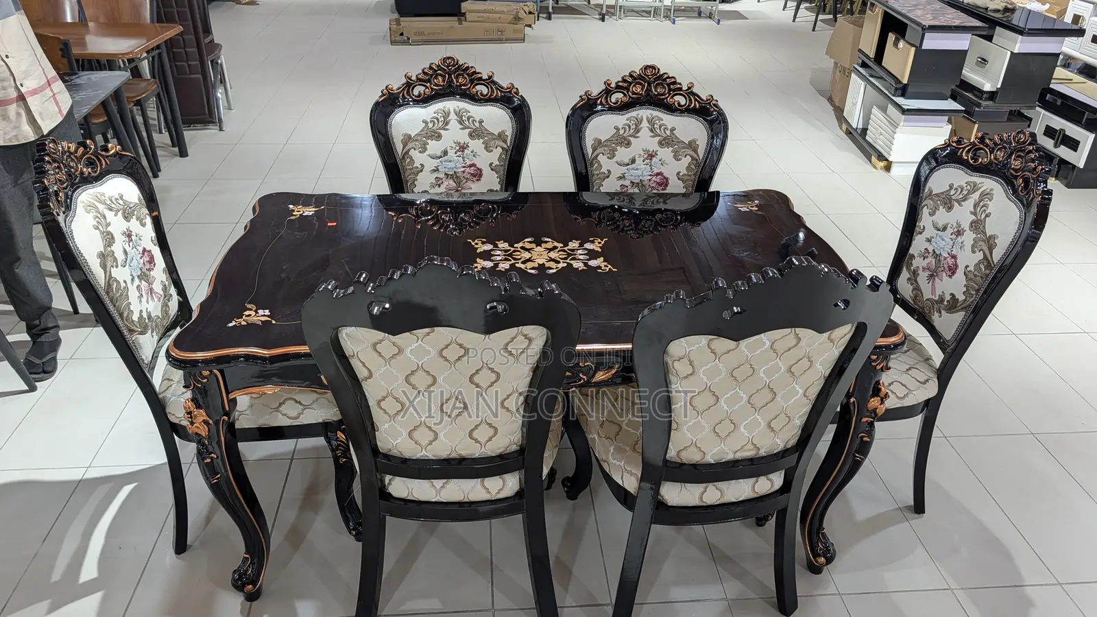 Classic 6-Seater Dining Table Set – Carved Wood Upholstered Chairs
