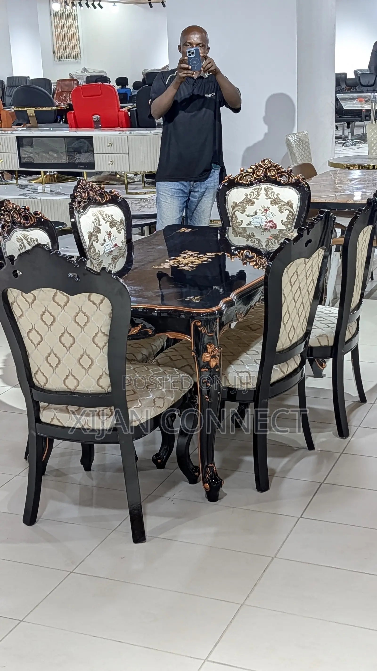 Classic 6-Seater Dining Table Set – Carved Wood Upholstered Chairs