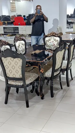 Classic 6-Seater Dining Table Set – Carved Wood Upholstered Chairs